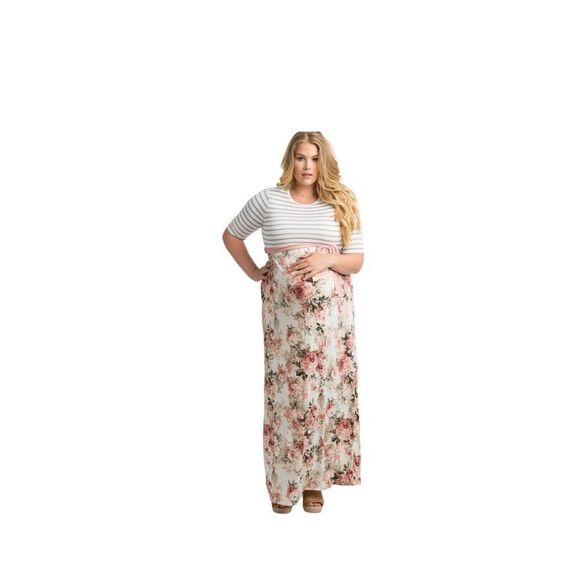Pinkblush Ivory Striped Colorblock Floral Maternity Plus Maxi Dress Size Small - Picture 1 of 17